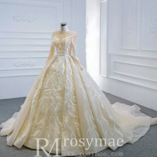 Long Sleeve Champagne Puffy Wedding Dress with Long Sleeve - Rosymae