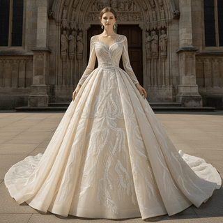 Long Sleeve Champagne Puffy Wedding Dress with Long Sleeve - Rosymae