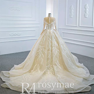 Long Sleeve Champagne Puffy Wedding Dress with Long Sleeve - Rosymae