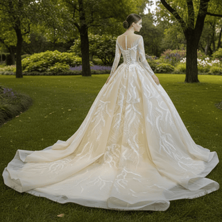 Long Sleeve Champagne Puffy Wedding Dress with Long Sleeve - Rosymae