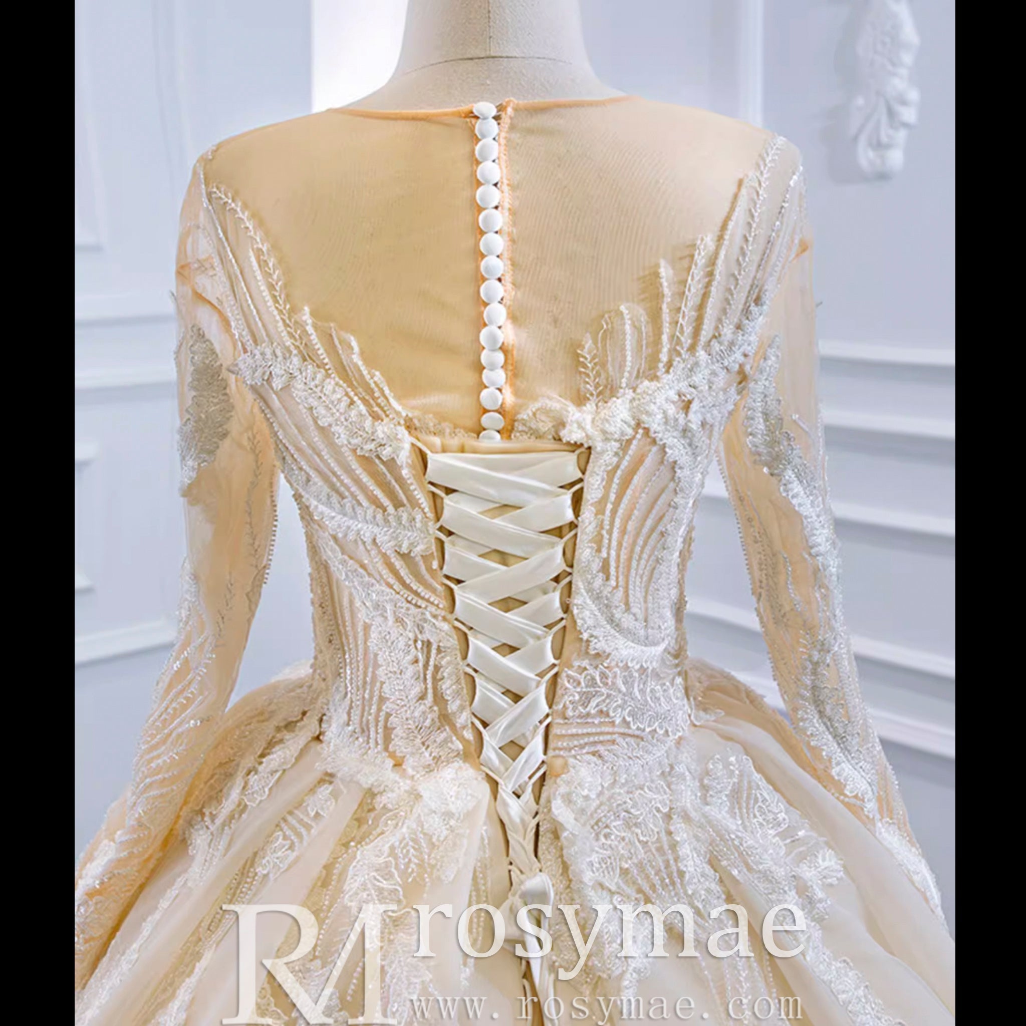 Long Sleeve Champagne Puffy Wedding Dress with Long Sleeve - Rosymae