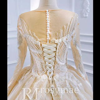 Long Sleeve Champagne Puffy Wedding Dress with Long Sleeve - Rosymae