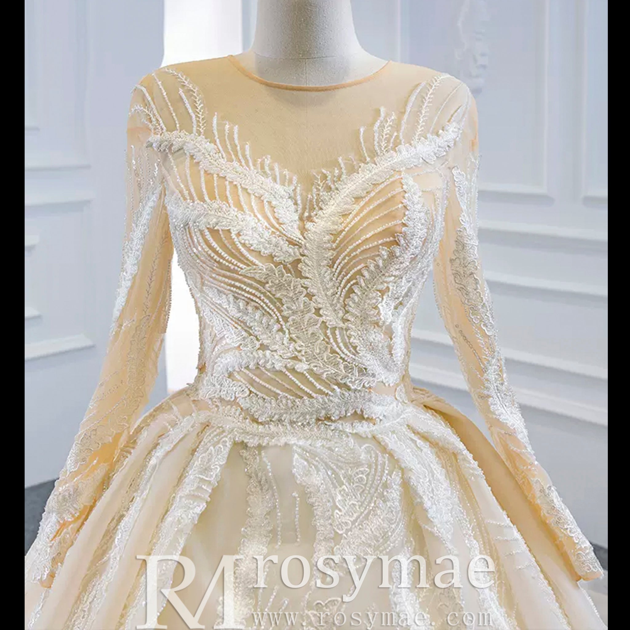 Long Sleeve Champagne Puffy Wedding Dress with Long Sleeve - Rosymae