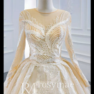 Long Sleeve Champagne Puffy Wedding Dress with Long Sleeve - Rosymae