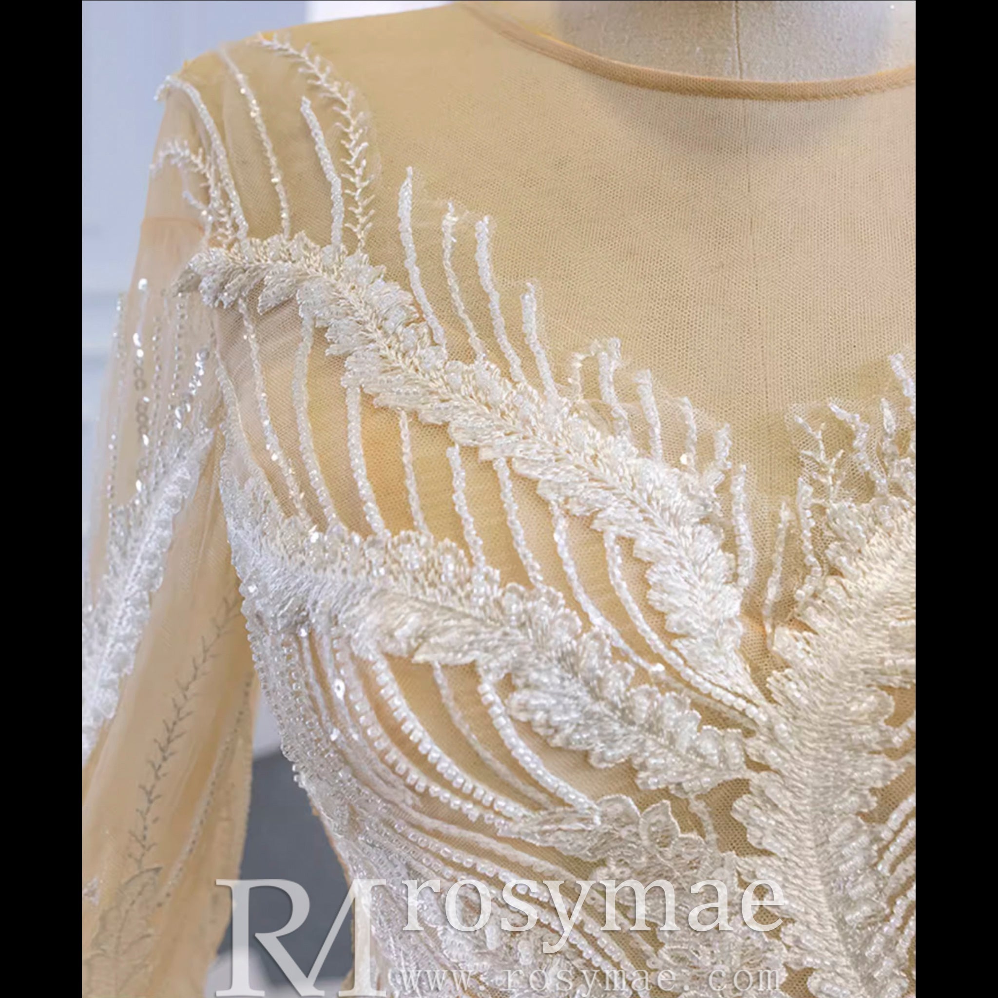 Long Sleeve Champagne Puffy Wedding Dress with Long Sleeve - Rosymae