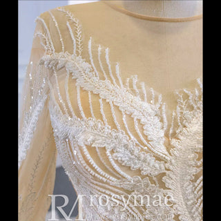 Long Sleeve Champagne Puffy Wedding Dress with Long Sleeve - Rosymae