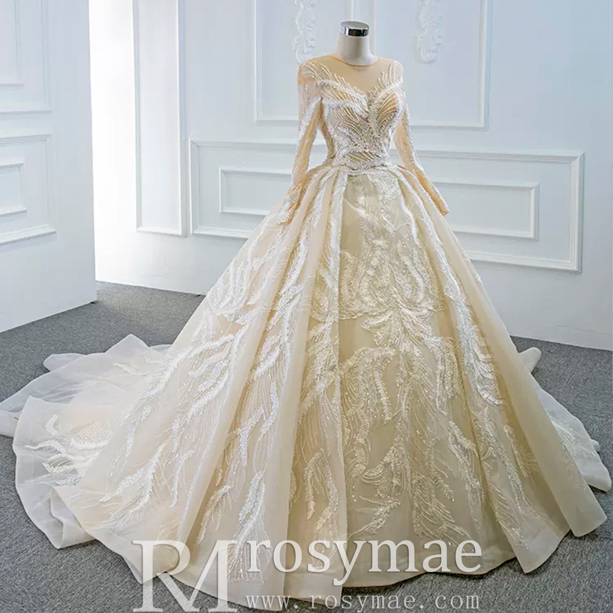 Long Sleeve Champagne Puffy Wedding Dress with Long Sleeve - Rosymae