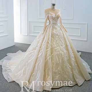 Long Sleeve Champagne Puffy Wedding Dress with Long Sleeve - Rosymae