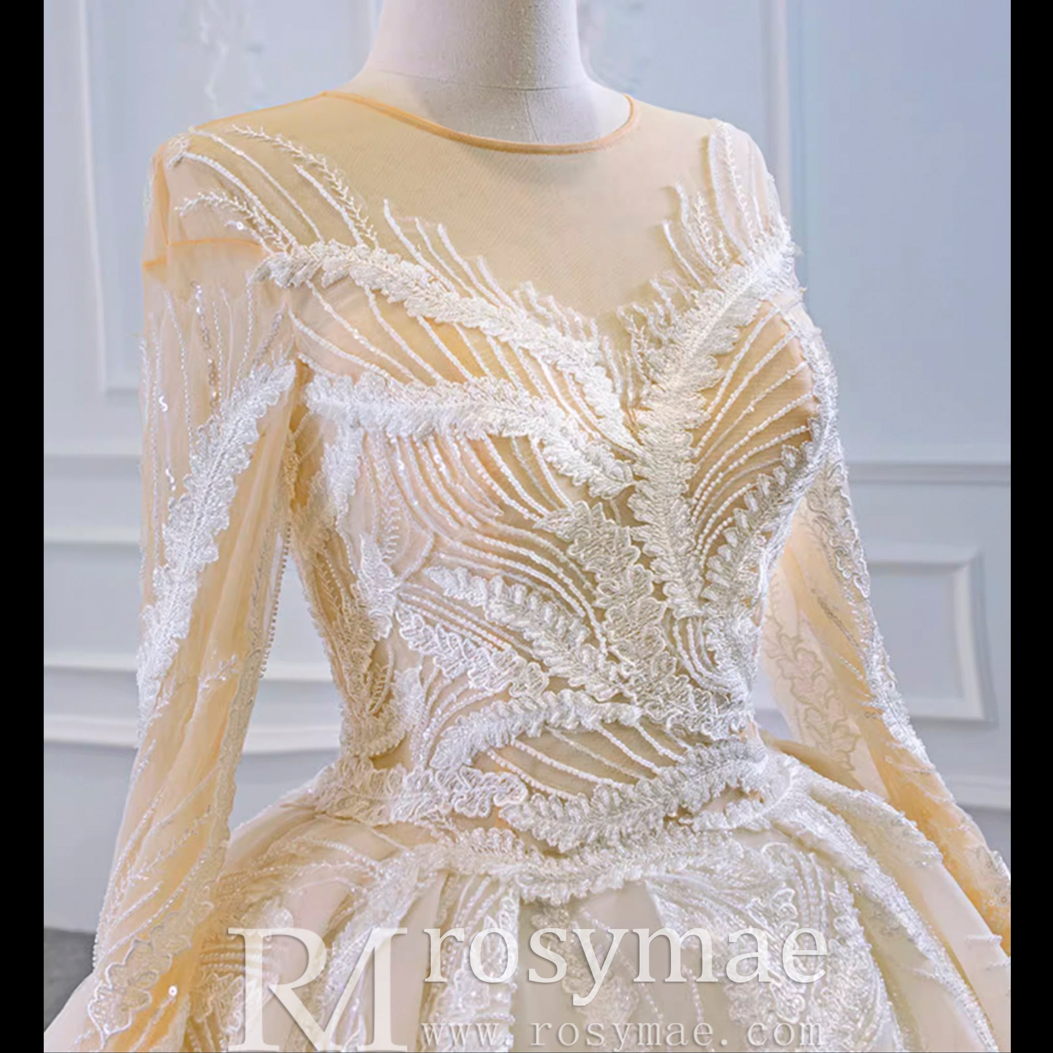 Long Sleeve Champagne Puffy Wedding Dress with Long Sleeve - Rosymae