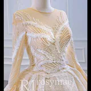Long Sleeve Champagne Puffy Wedding Dress with Long Sleeve - Rosymae