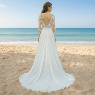 Long Sleeve Chiffon and Lace A-line Wedding Dress with Vneck - Rosymae