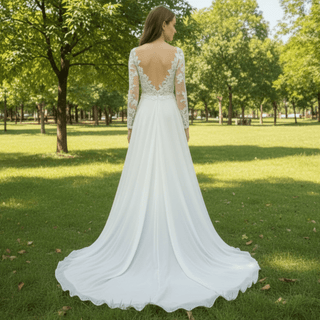 Long Sleeve Chiffon and Lace A-line Wedding Dress with Vneck - Rosymae