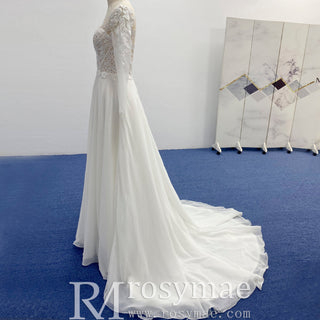 Long Sleeve Chiffon and Lace A-line Wedding Dress with Vneck - Rosymae