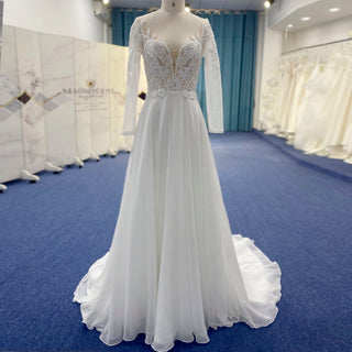 Long Sleeve Chiffon and Lace A-line Wedding Dress with Vneck - Rosymae