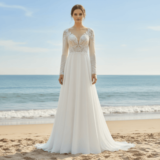 Long Sleeve Chiffon and Lace A-line Wedding Dress with Vneck - Rosymae