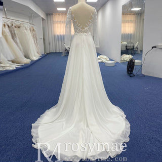 Long Sleeve Chiffon and Lace A-line Wedding Dress with Vneck - Rosymae