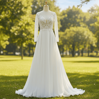 Long Sleeve Chiffon and Lace A-line Wedding Dress with Vneck - Rosymae