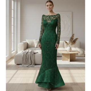 Maxi Long Sleeve Dark Green Mermaid Prom Dress with Scoop Neckline