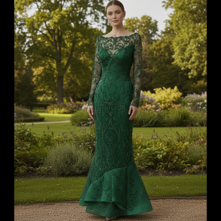 Maxi Long Sleeve Dark Green Mermaid Prom Dress with Scoop Neckline