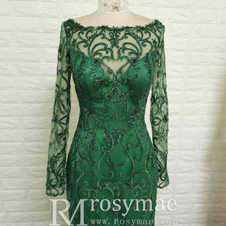 Maxi Long Sleeve Dark Green Mermaid Prom Dress with Scoop Neckline