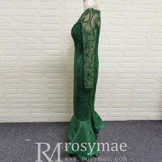 Maxi Long Sleeve Dark Green Mermaid Prom Dress with Scoop Neckline