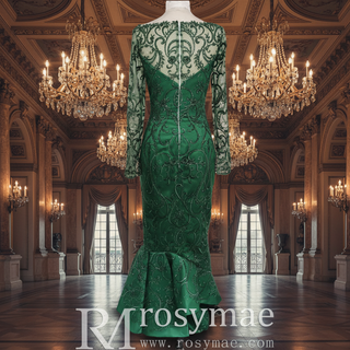 Maxi Long Sleeve Dark Green Mermaid Prom Dress with Scoop Neckline