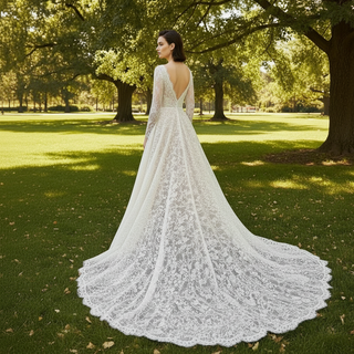 Long Sleeve Deep V Neck Lace Bridal Gown Wedding Dress