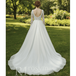 Long Sleeve Deep V-Neck 3D Floral A-Line Wedding Dress with Pearl Trim