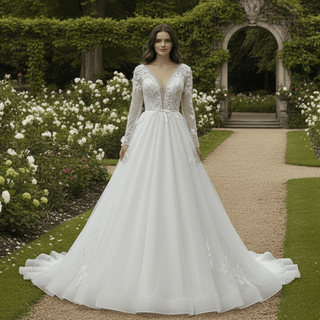 Long Sleeve Deep V-Neck 3D Floral A-Line Wedding Dress with Pearl Trim