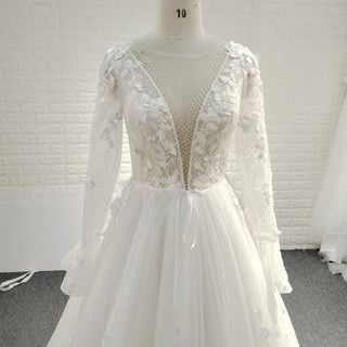 Long Sleeve Deep V-Neck 3D Floral A-Line Wedding Dress with Pearl Trim