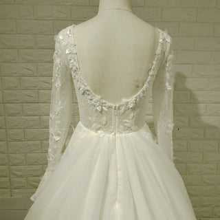 Long Sleeve Deep V-Neck 3D Floral A-Line Wedding Dress with Pearl Trim
