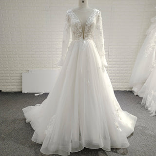 Long Sleeve Deep V-Neck 3D Floral A-Line Wedding Dress with Pearl Trim