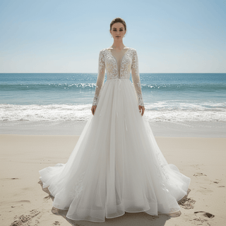 Long Sleeve Deep V-Neck 3D Floral A-Line Wedding Dress with Pearl Trim