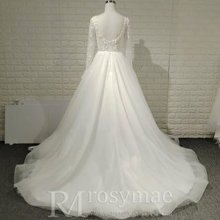 Long Sleeve Deep V-Neck 3D Floral A-Line Wedding Dress with Pearl Trim