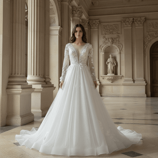 Long Sleeve Deep V-Neck 3D Floral A-Line Wedding Dress with Pearl Trim
