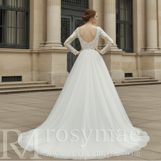 Long Sleeve Deep V-Neck 3D Floral A-Line Wedding Dress with Pearl Trim