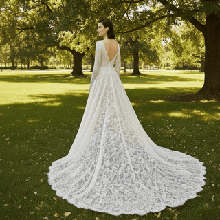 Long Sleeve Deep V Neck Lace Bridal Gown Wedding Dress - Rosymae