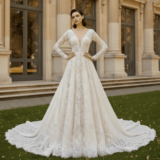 Long Sleeve Deep V Neck Lace Bridal Gown Wedding Dress - Rosymae