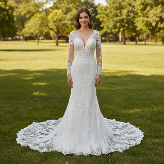 Long Sleeve V-neck Mermaid Lace Wedding Dresses with Keyhole