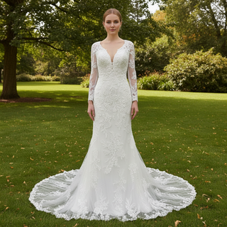 Long Sleeve V-neck Mermaid Lace Wedding Dresses with Keyhole