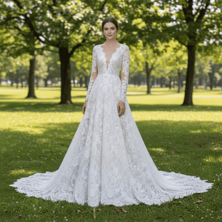 Long Sleeve Double V Lace A-line Bridal Gown Wedding Dress - Rosymae