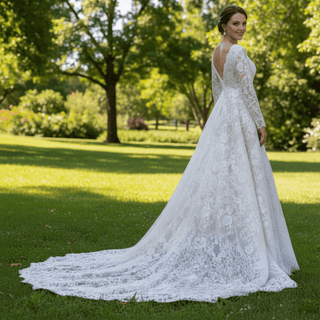 Long Sleeve Double V Lace A-line Bridal Gown Wedding Dress - Rosymae