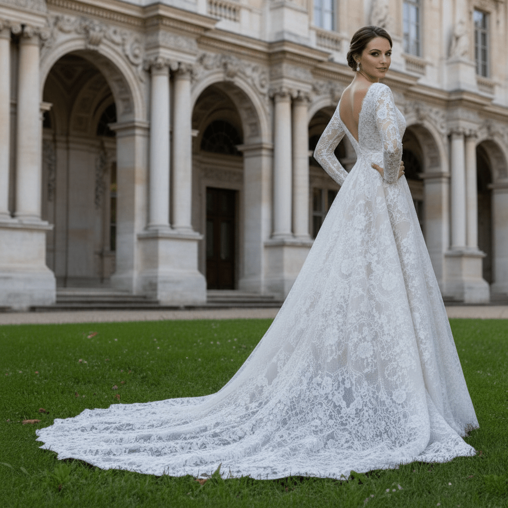 Long Sleeve Double V Lace A-line Bridal Gown Wedding Dress - Rosymae