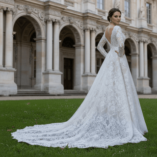 Long Sleeve Double V Lace A-line Bridal Gown Wedding Dress - Rosymae