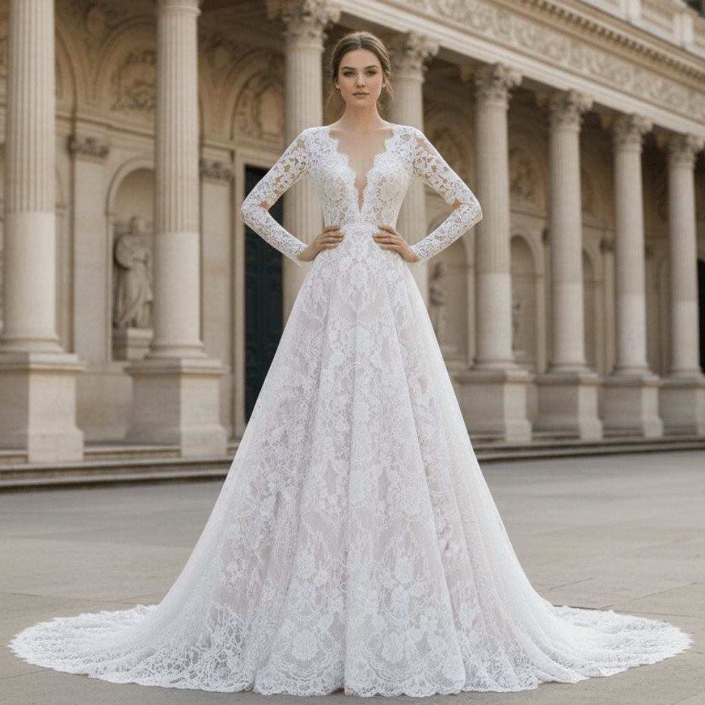 Long Sleeve Double V Lace A-line Bridal Gown Wedding Dress - Rosymae