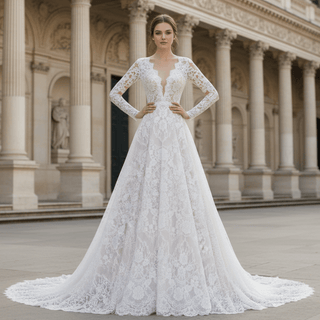 Long Sleeve Double V Lace A-line Bridal Gown Wedding Dress - Rosymae