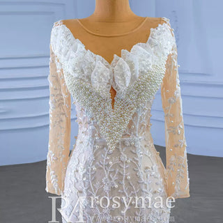Long Sleeve Exquisite Wedding Gown Floral Lace Mermaid Wedding Dress - Rosymae