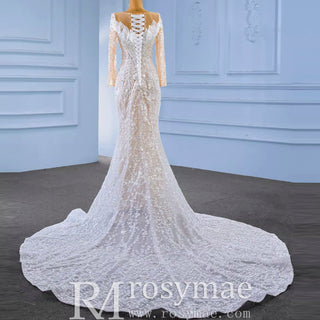 Long Sleeve Exquisite Wedding Gown Floral Lace Mermaid Wedding Dress - Rosymae
