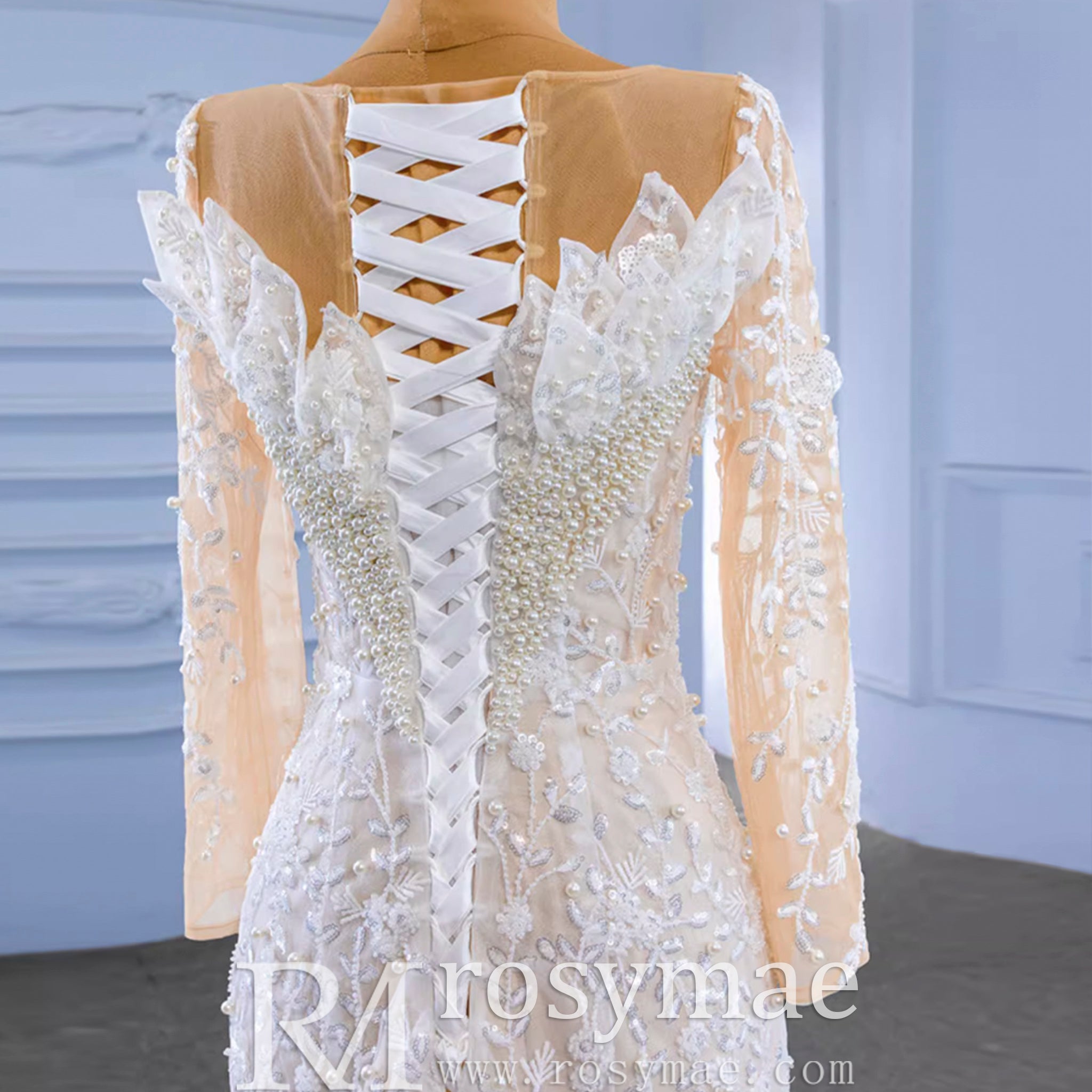 Long Sleeve Exquisite Wedding Gown Floral Lace Mermaid Wedding Dress - Rosymae