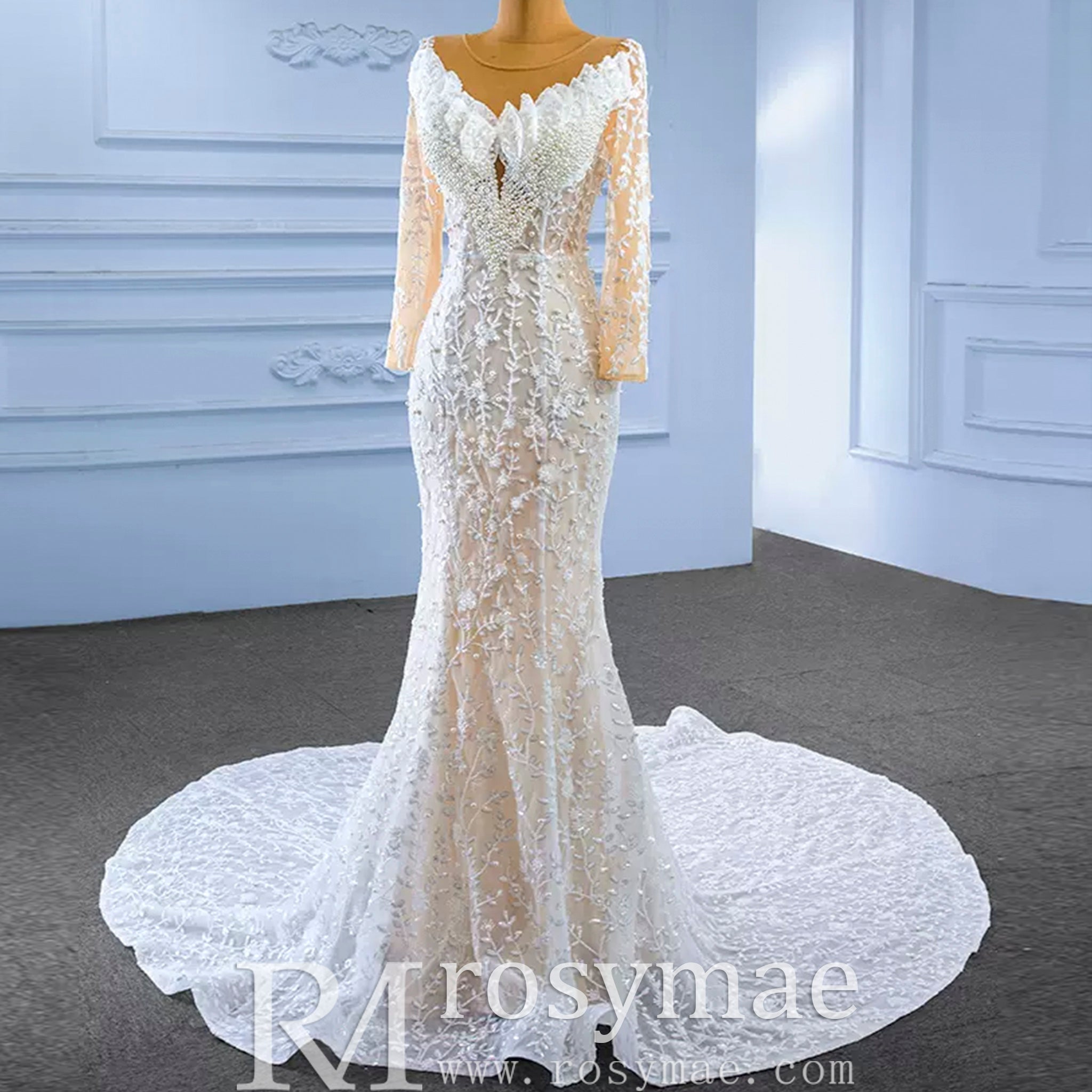 Long Sleeve Exquisite Wedding Gown Floral Lace Mermaid Wedding Dress - Rosymae